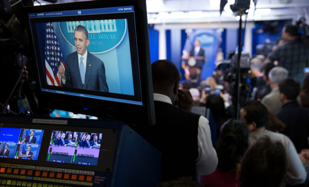 President Obama briefs the press. (White House photo)